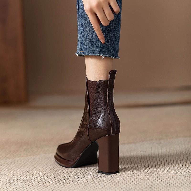 Waterproof Taiwan High Heel Fashion Boots Women's 2025 Autumn New Coarse Heel Elastic Chelsea Boots Short Boots Brown Women's Boots