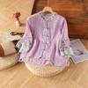 Cotton Linen New Summer Retro Ethnic Embroidered Shirt Women's Retro Button Color Blocked Seven Quarter Sleeve Top Loose Fit
