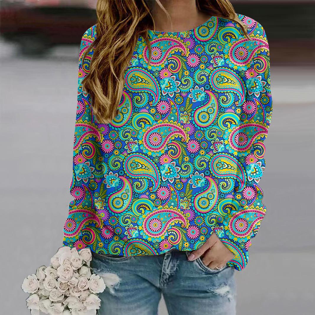 Осень-Осень женская мода O-образный вырез длинный рукав футболка свободная одежда — фото 4