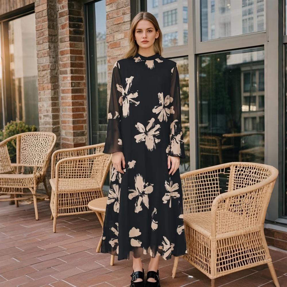 

2025 Spring/Summer Women s Casual Trumpet Sleeve Stand Collar Dress XL чёрный