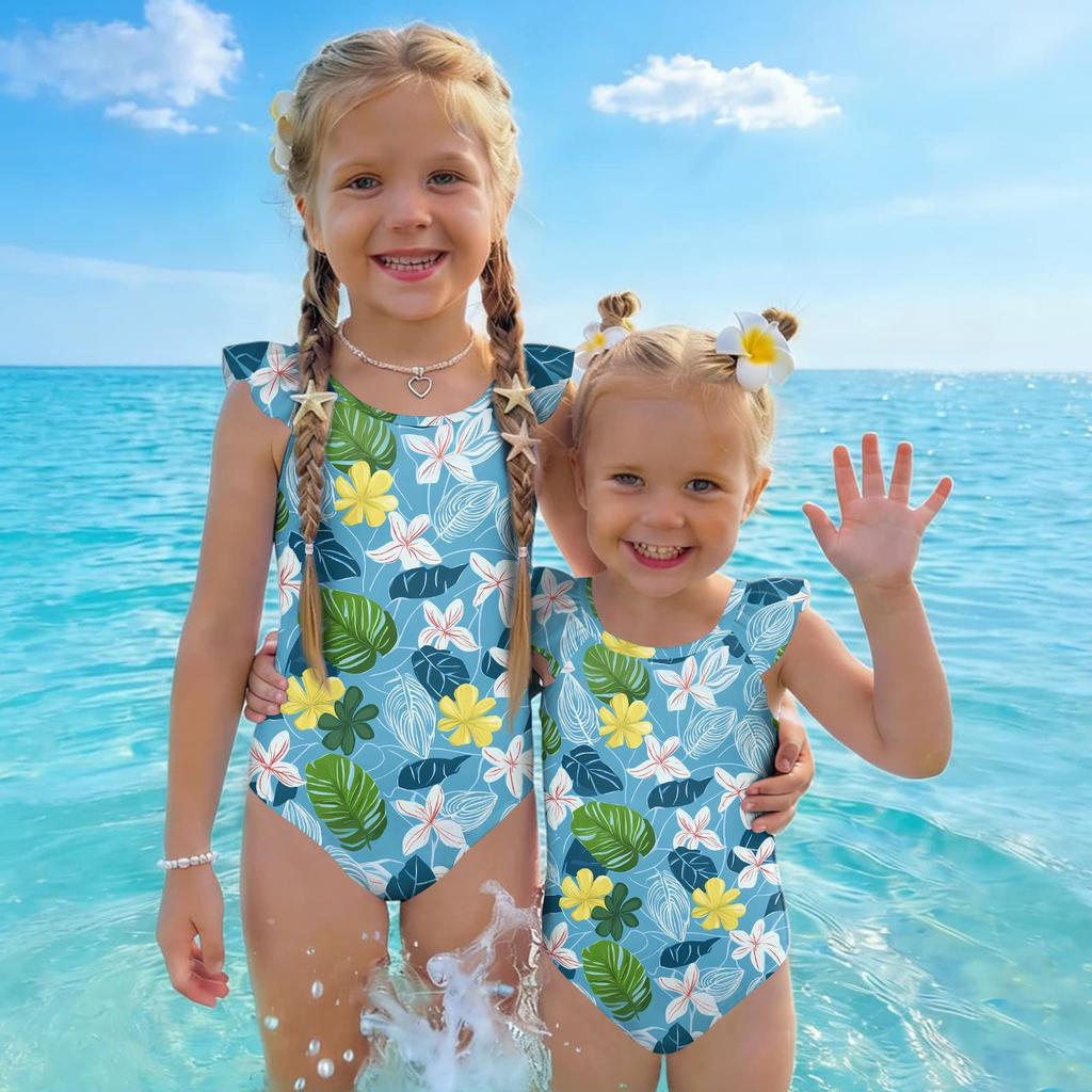 Girls One Piece Swimsuit Hawaiian Print Kids Swimwear Toddler Child Beachwear Sleeveless Ruffle Shoulder Bathing Suit for Summer Pool