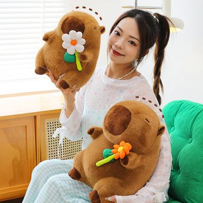 Brown Capybara Plush Doll Fluffy Capybara Stuffed Doll Creative Flower Capybara Plush Toy  Birthday