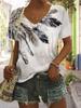 Women's Ethnic Casual Fashion Feather Print V-neck Short-sleeved T-shirt