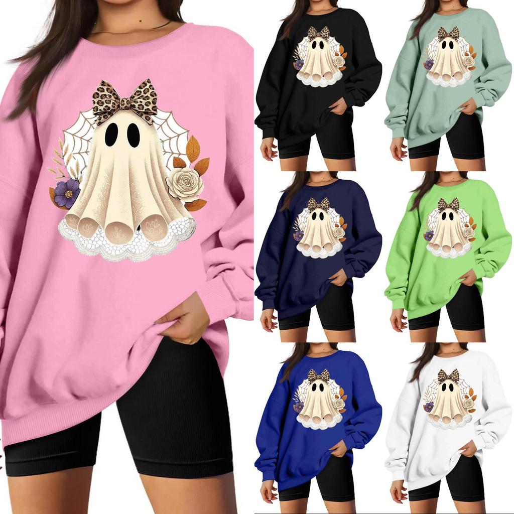 Women's Neck Long Sleeve Loose Fit Casual Sweatshirt Pullover Top with Halloween Print