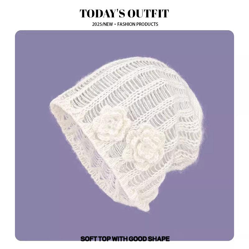 New Spring and Summer Korean Three Dimensional Flower Hollow Pink Knitted Hat for Women with Niche Face Showing Small Wool Hat