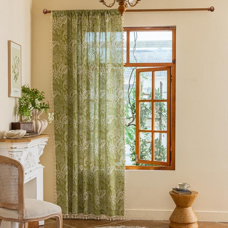 Boho-Vorhänge für Schlafzimmer Wohnzimmer, Baumwoll-Leinen mit Blattdruck, Stangentasche, Rustikales Bauernhaus Bohemian, Quasten, Fensterdekoration