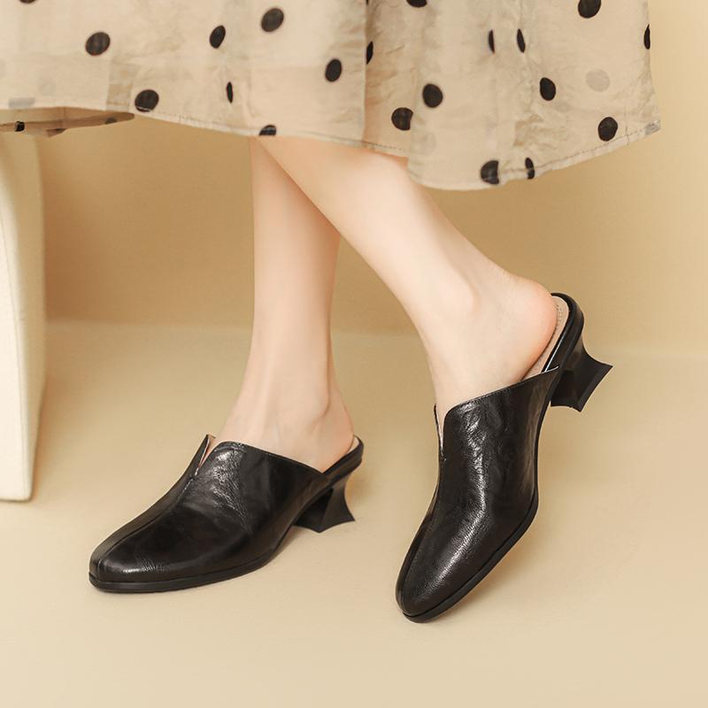 2024 New Sexy Women Genuine Leather Pumps Round Toe Spring Summer Muller Slippers High Heeled Fashion Party Wedding Shoes Woman