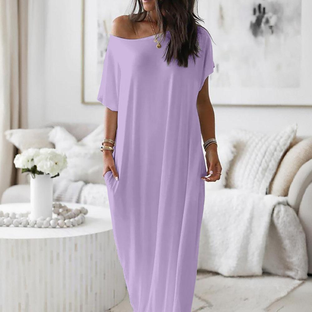 Summer Women's Solid Color Short Sleeve Long Casual Dress