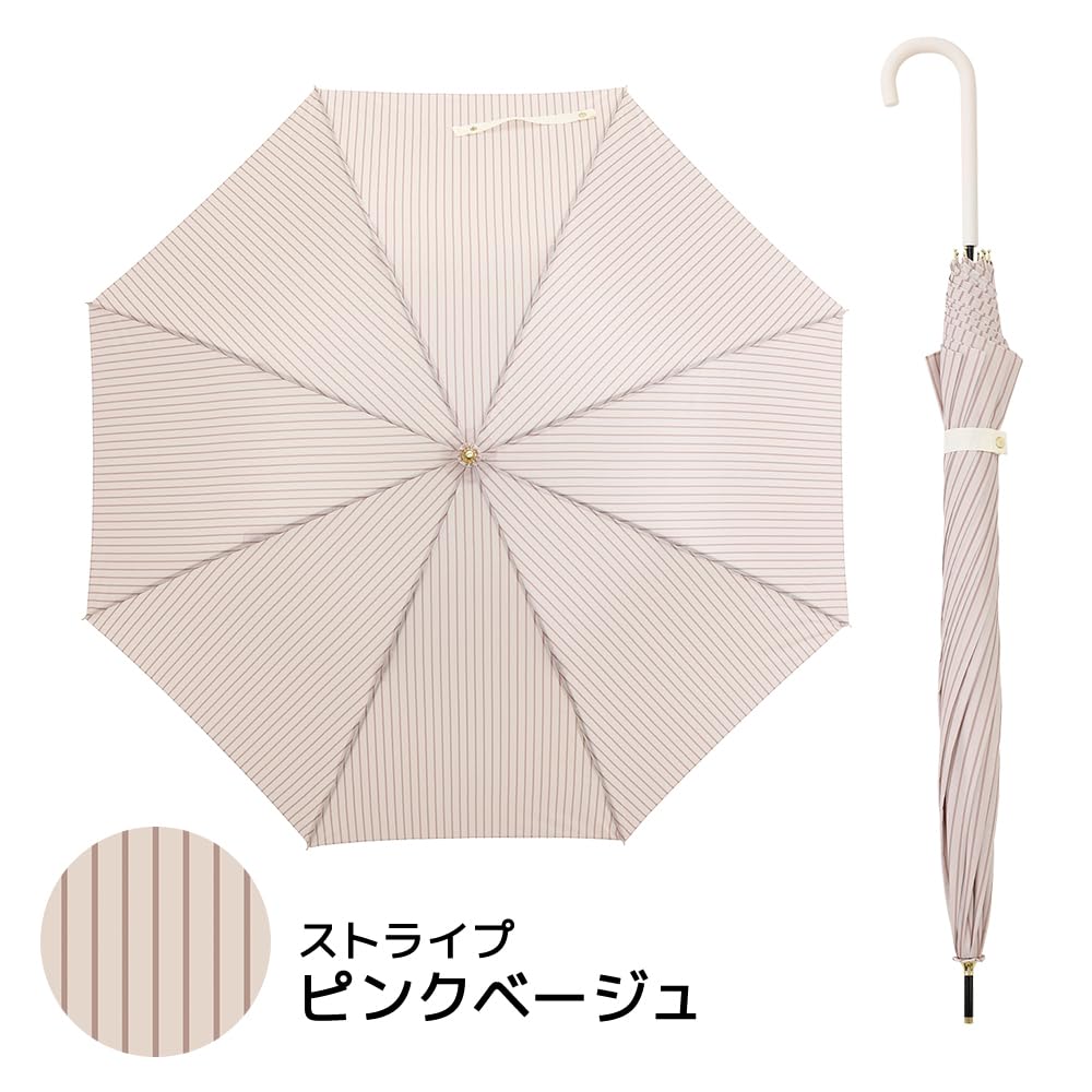 ogawa Women's Long Umbrella, Large, Durable, Jump-Style, 60cm, Linedrops, Striped, Pink Beige, Grosgrain Tape, Water-Repellent, 57386