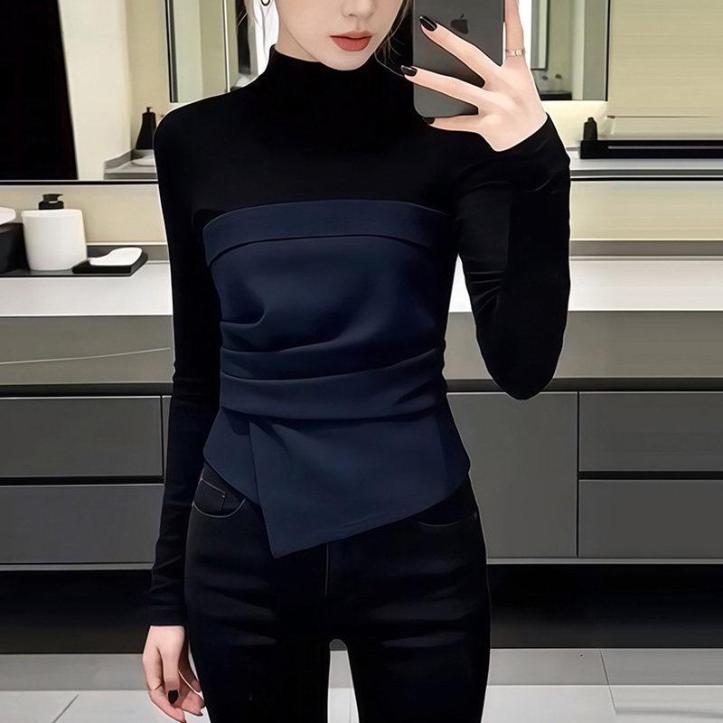 Spring 2026 Light Luxury Color Block Slimming T-shirt - Stylish, Unique, Fake Two-Piece Design S чёрный