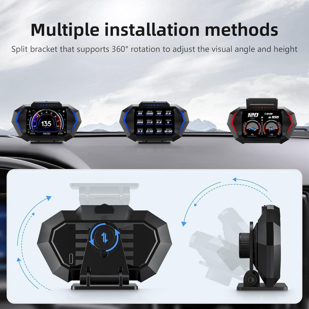 Obd2 Gauge Display with Speed, Heads Up Display for Cars P24, Fuel Consumption, RPM, Overspeed Alarm, OBD+GPS Digital Speedometer Suitable for All