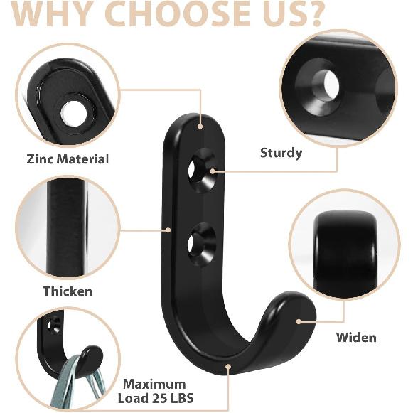 24PCS Zinc Coat Hooks, Metal Single Prong Wall Hooks with 48 Screws, No Rust Black Wall Hooks for Hanging Towel, Coat, Scarf, Bag, Hat, Cup, Key