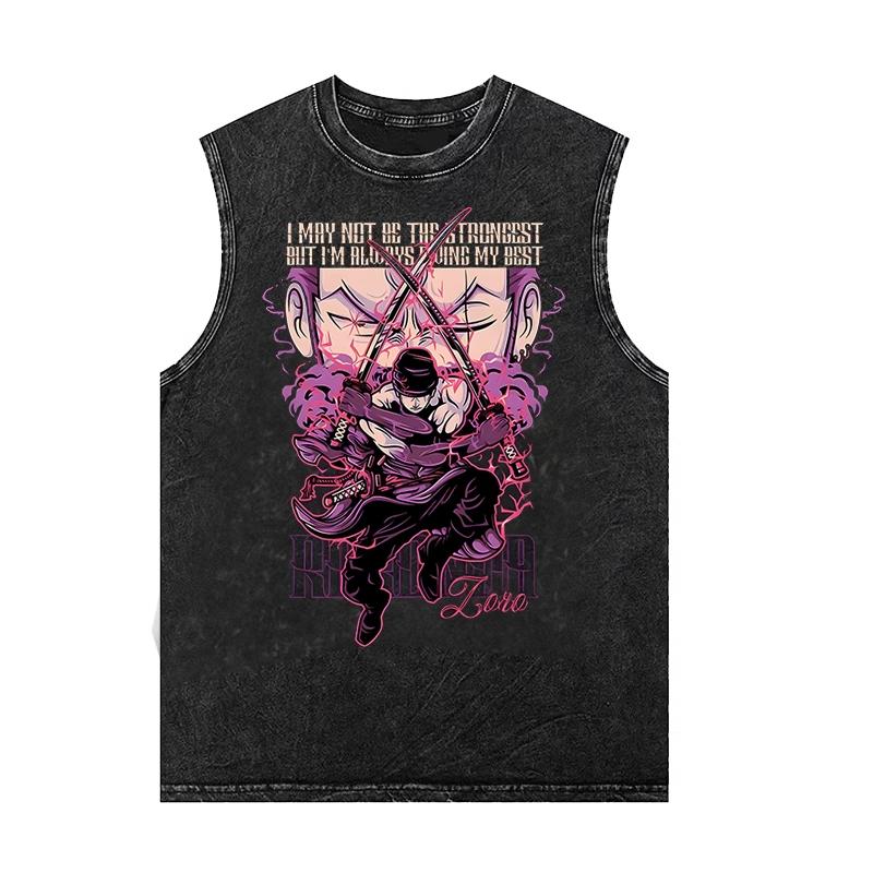 

Anime Printed Washed Vest Vintage Sports Fitness Men s Short-Sleeved T Shirt Loose Oversized Tank Top Gym Clothing Summer 3XL