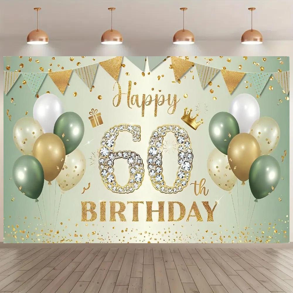 1pc 60th Birthday Banner, Green & Gold 60th Birthday Photography background, unisex birthday background, suitable for party bann 100x150cm