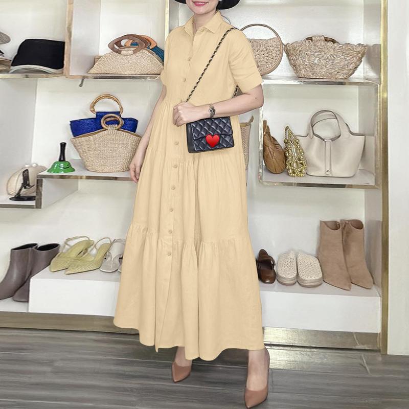 ZANZEA Women Casual Turn Down Collar Loose Short Sleeve Long Dress