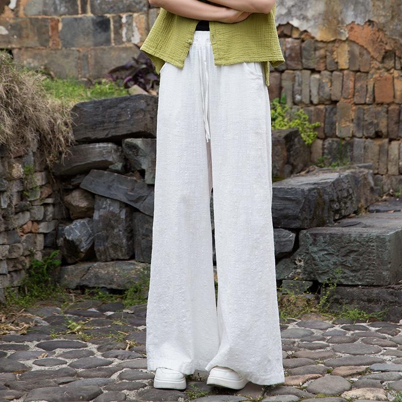 

Johnature Women Vintage Straight Pants Elastic Waist Solid Color Trousers Summer Soft Pockets Belt Pants One Size белый