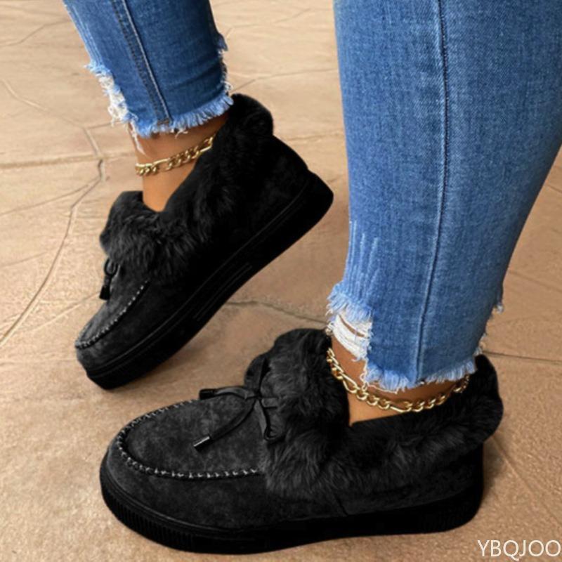 

2025 Winter Bow Warm Solid Color Plush Flat Short Boots Outdoor Leisure Comfortable Round Head Women s Large Cotton Shoes 36 чорний