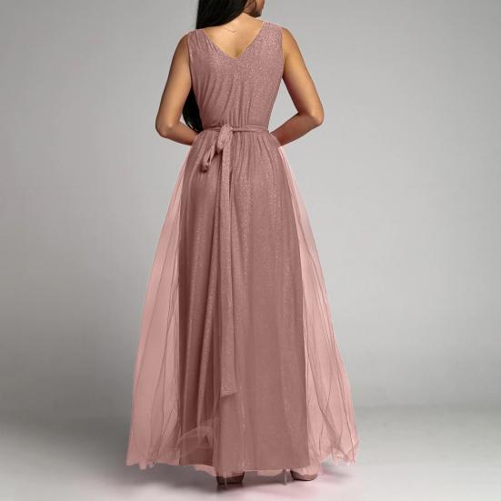 Sukienka wieczorowa Maxi z głębokim dekoltem w kształcie litery V. Dwuwarstwowa sukienka bankietowa do kostek