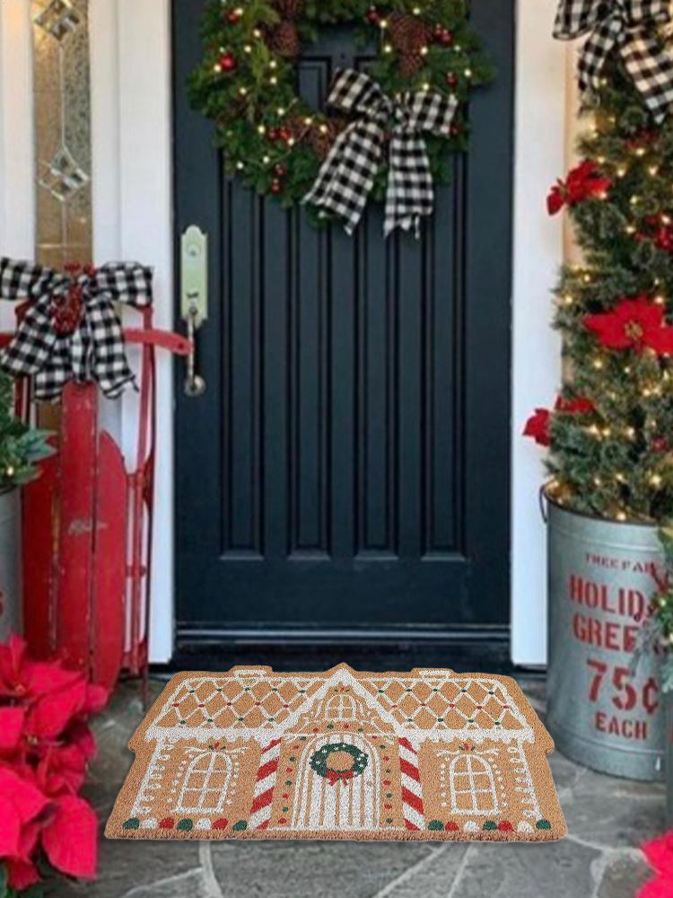 

Christmas Faux Cashmere Floor Mat Christmas Gingerbread House Welcome Door Mat Non-Slip Outdoor Rug Holiday Decorations CN