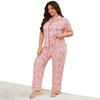 Women’s Plus Size Pajamas Heart Printed Short Sleeves Lapel Button-up Shirts Long Pants 2pcs Sleeping Suits Spring Summer Home Casual Wear
