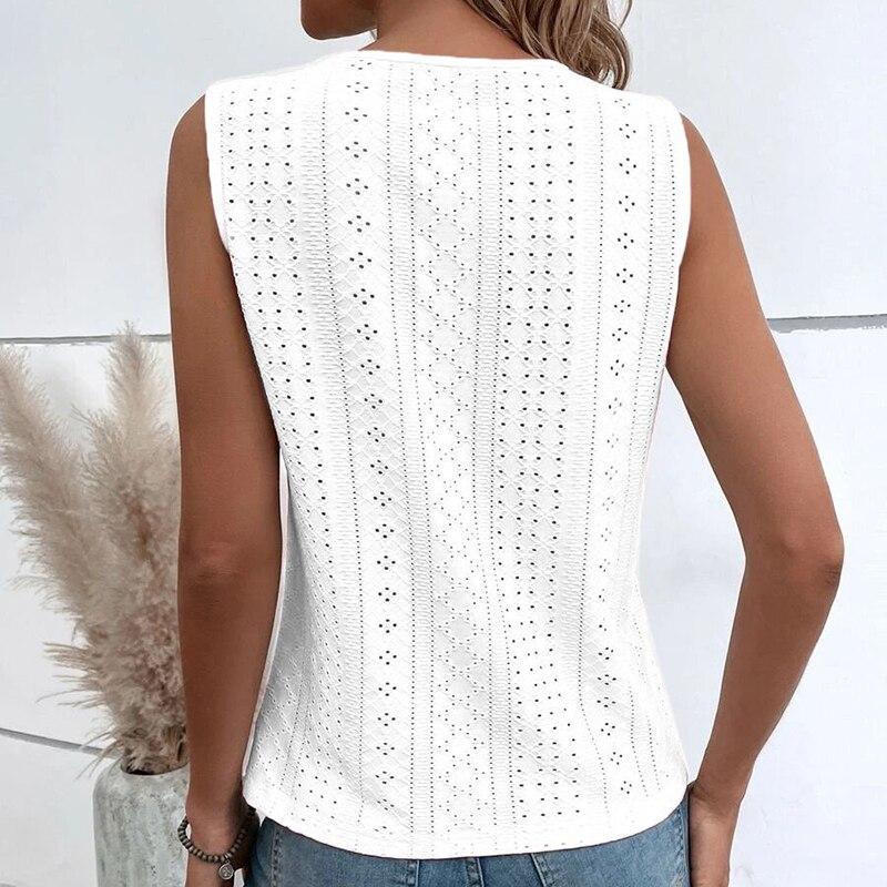 V Yaka Dikiş Seksi Hollow Dantel Kadın Gömlek Rahat Yaz Kolsuz Bluz Kadın Vintage Zarif Üstleri Moda Giyim 25894