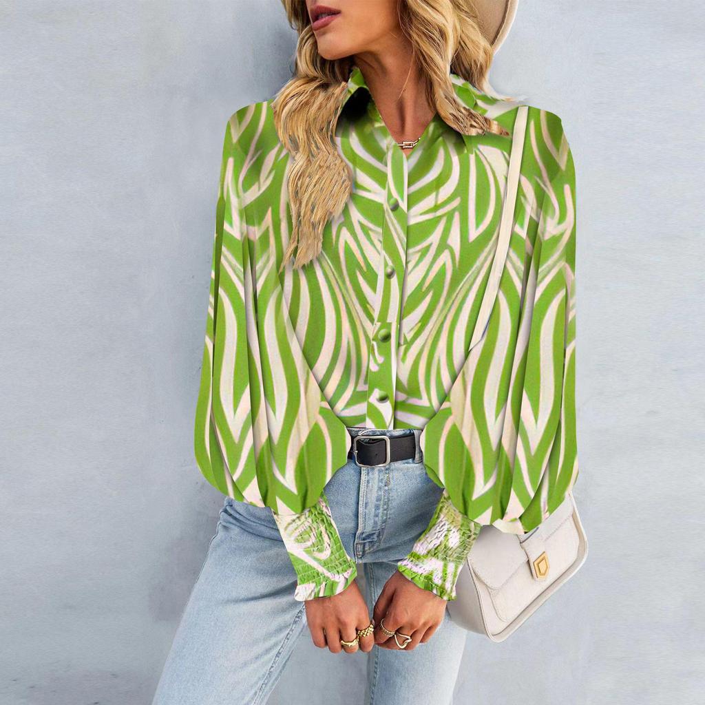 Damen Frühjahr 2025 Langarm-Printhemd mit Kentkragen und Puffärmeln