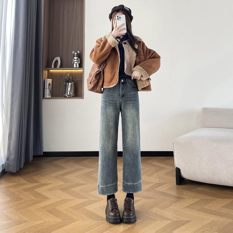 

Women s Retro Blue Velvet High Waist Wide Leg Jeans - Plus Size, Slimming Fit for Pear Shape, Autumn/Winter Straight Leg Style L