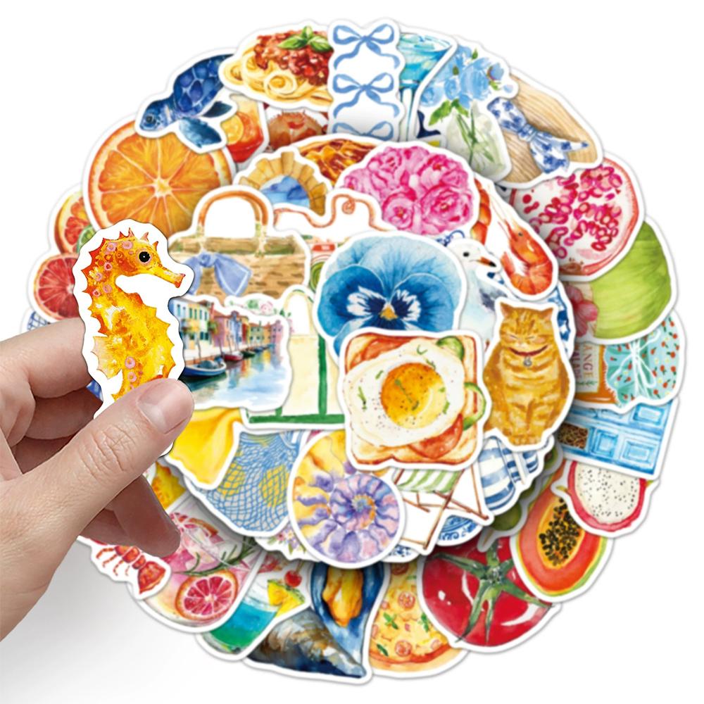 10/30/50pcs Watercolor Mediterranean Aesthetic Stickers Vintage Cartoon Food Graffiti Decals DIY Luggage Motorcycle Bike Sticker