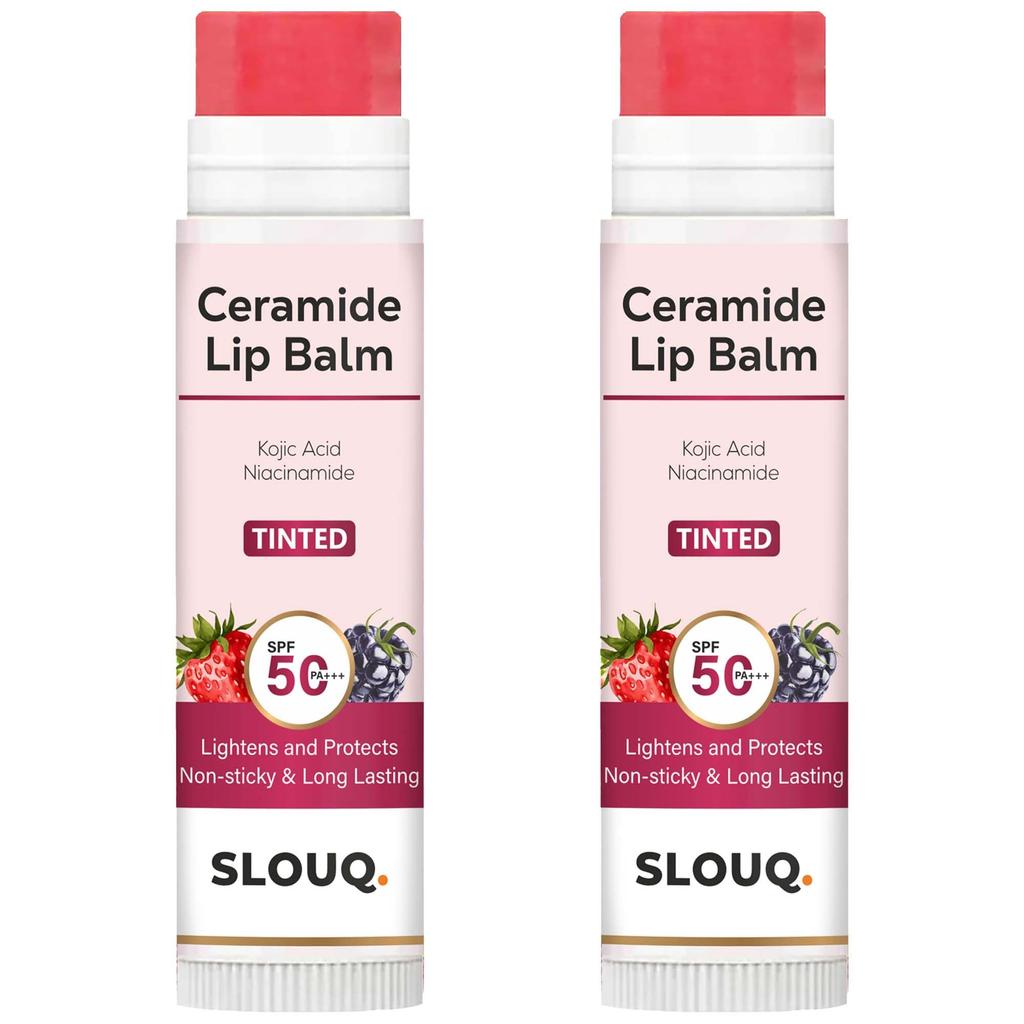 SLOUQ Getönter Ceramid-Lippenbalsam - Kojisäure & Niacinamid - LSF50 PA+++ - Aufhellung & Schutz der Lippen - Nicht klebrig & Langanhaltend - 5g(Packung mit 2)