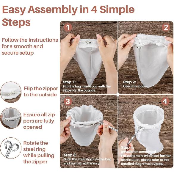 3 PCS Fine Mesh Strainer Bags - RAINFLOW Reble Cheese Cloth Bag for Straining with Stainless Steel Handle Medium Size Food Grade Filter for Coffee