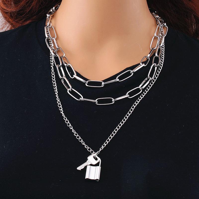 Cute Simple Chain Link Lock Necklace Pendant Women Silver Color Fashion Goth Jewelry Party Punk Maxi Collier Long Necklace Gift