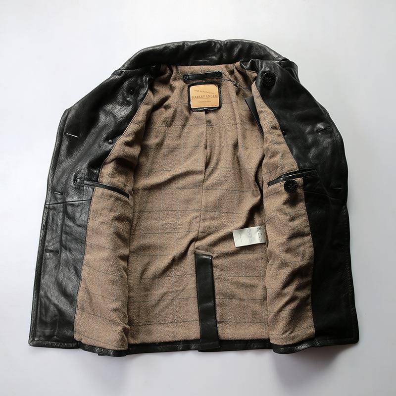 American retro navy medium and long coat full vegetable tanned goatskin large lapel double-breasted leather leather jacket men