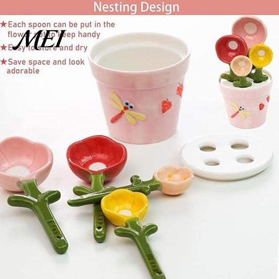 Bloempot Maatlepels Set 4 Stuks Lepels Set, Keramische Nestelbare Bekers met Standaard, Dagelijks Gebruik Schattig Keuken Bakgereedschap voor Koffie Thee, Cadeau