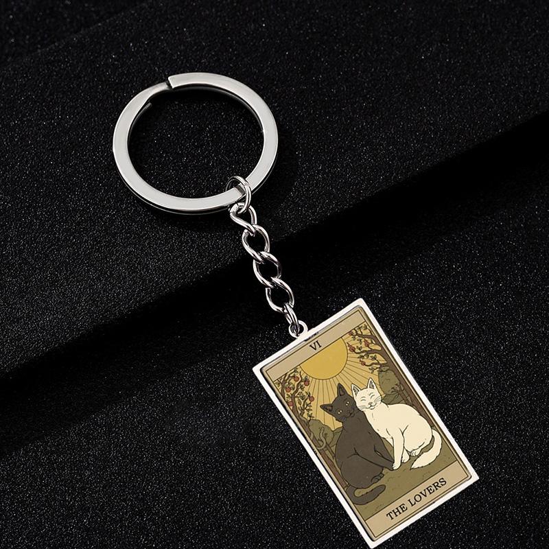 Cute Cat Tarot Card Keychain Vintage Rectangle Epoxy Stainless Steel Pendant Key Chain Animal Divination Jewelry
