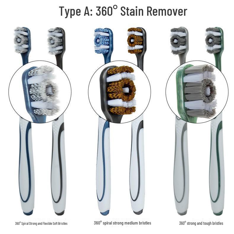 360° Medium-Hard Bristle Toothbrush for Effective Stain Removal - Spiral Filament, Soft Bristle, Adult Size