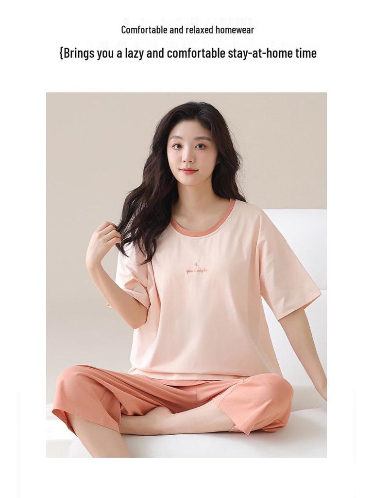 Women's Cotton Cartoon Girl Pajama Set - Short Sleeve & Capri, Wearable Outdoors