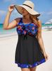 European & American Plus Size Slimming Two-Piece Women's Swim Skirt Tankini - Printed Patchwork In Blue, White & Red
