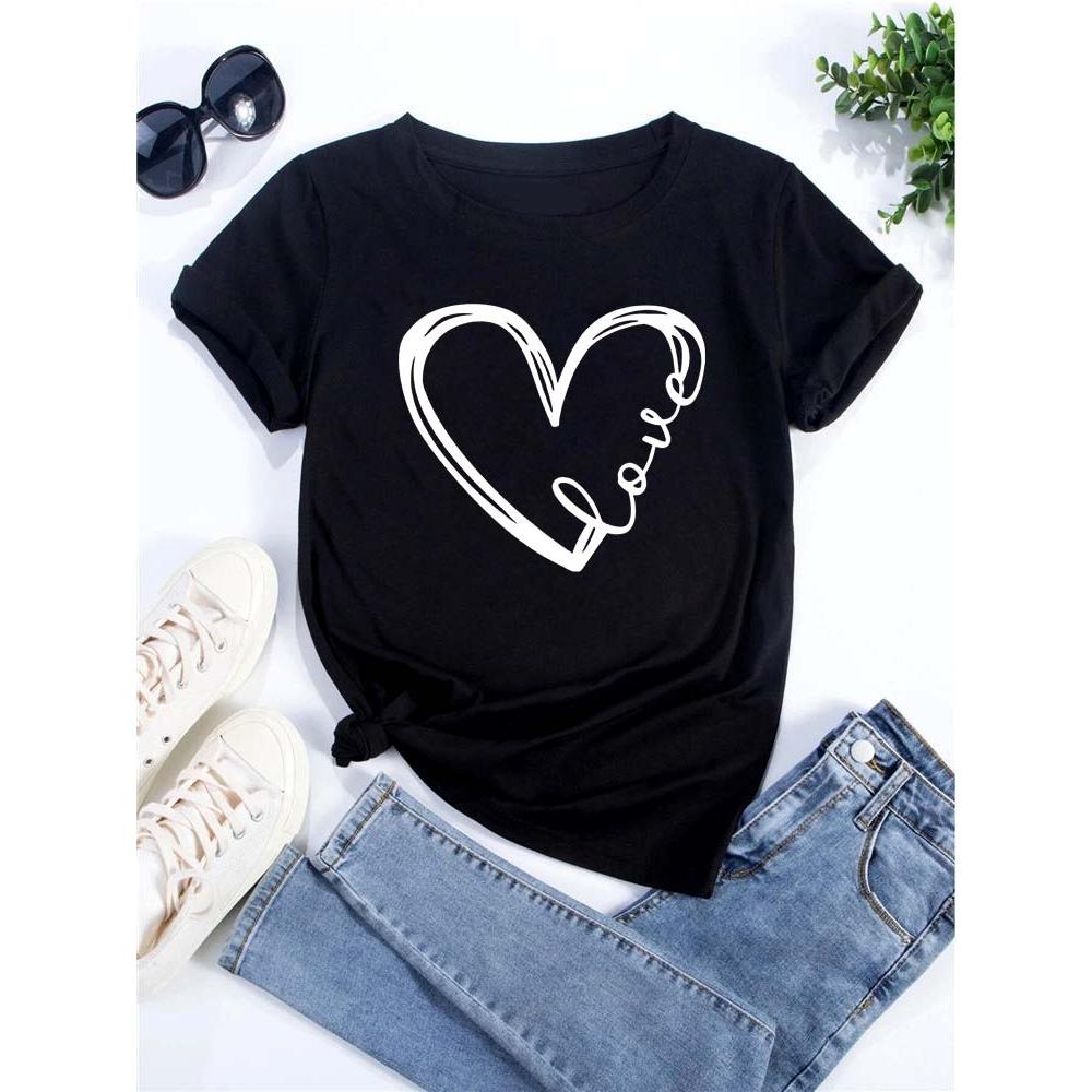 Love Heart Printed Trend Women Fashion Clothing Graphic T-shirts Clothes Print Female Shirt Short Sleeve Lady Casual Tee