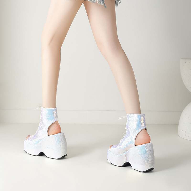 Krazing Pot Sequin Cloth Spring Summer Size 43 Size 42 Women Platform Women Peep Toe Toe Sexy Summer Boots Lace Up Pumps