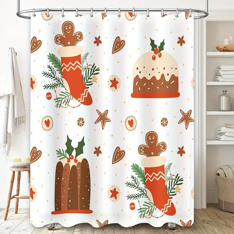 Christmas-Themed Shower Curtain With Festive Designs Featuring Gingerbread Men, Christmas Stockings, And Holiday Treats Perfect