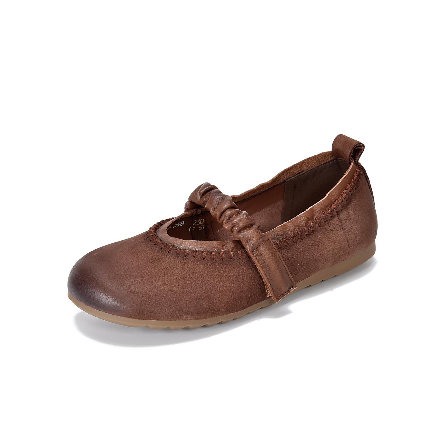 

Johnature Retro Flat Shoes Genuine Leather Comfortable Soft Soled Shallow Versatile Women s Shoes 35 кофейный