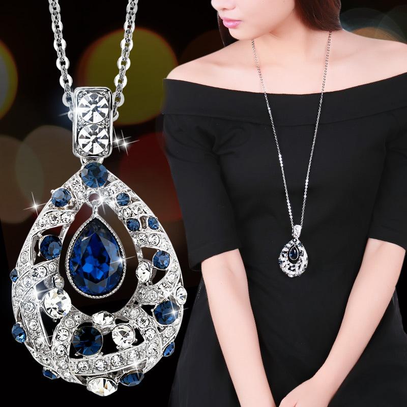 Flash Diamond Water Drop Sweater Chain 2025 New Trendy Girl Long Simple and Versatile Korean Clothes Pendant Necklace