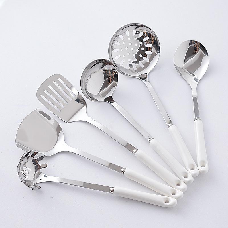7Pcs Ceramic Handle Stainless Steel Cookware Set Soup Ladle Frying Spatula Colander Spoon Kitchen Accessories Cooking Tools