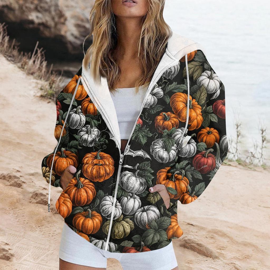 Women's Fashion Casual Halloween Printed Sweatshirt Long Sleeve With Pocket Cardigan Jacket Zipper Hoodie Coat