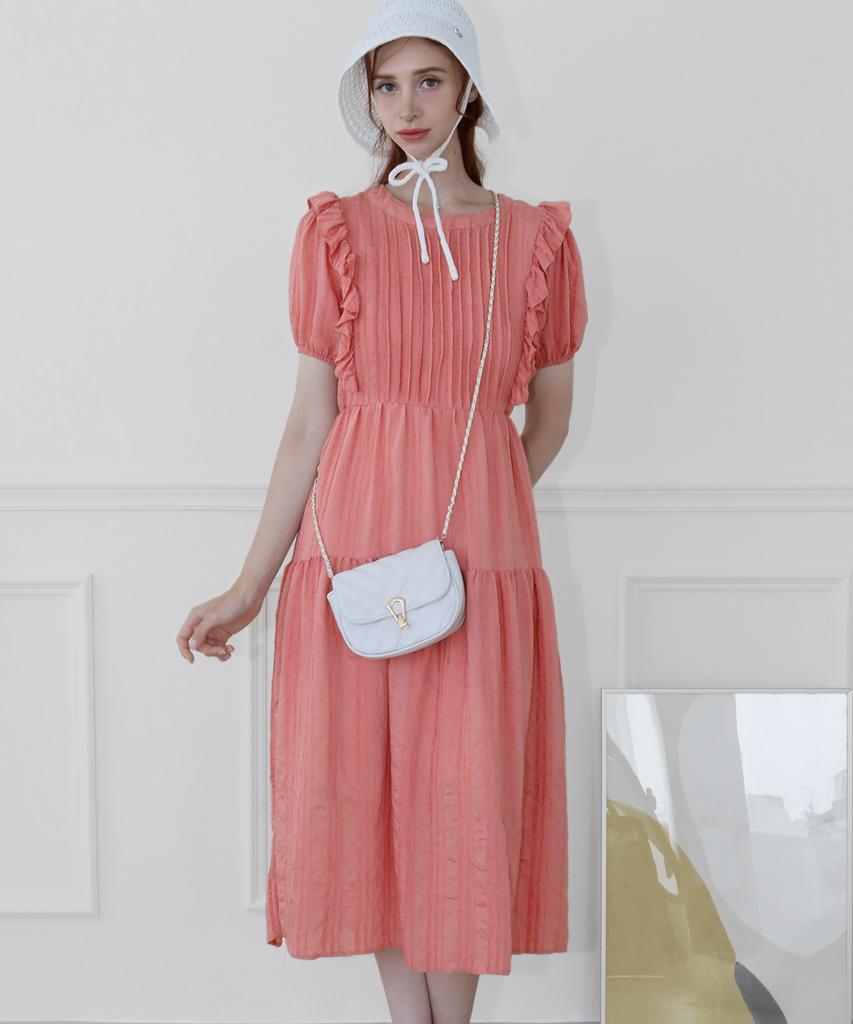 Keulleiseu Smocking Frill Short Sleeve Long Dress_White