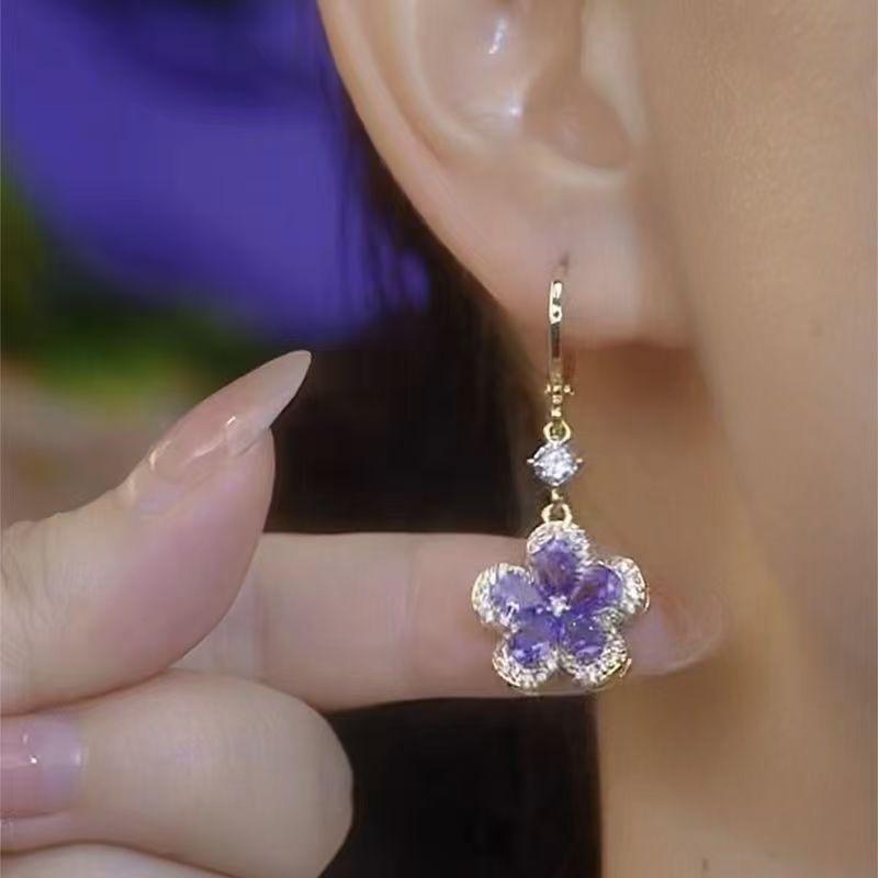 Fashion Trend Purple Crystal Zircon Flower Drop Earrings for Women Light Luxury Geometric Shiny Earring Party Wedding Zircon