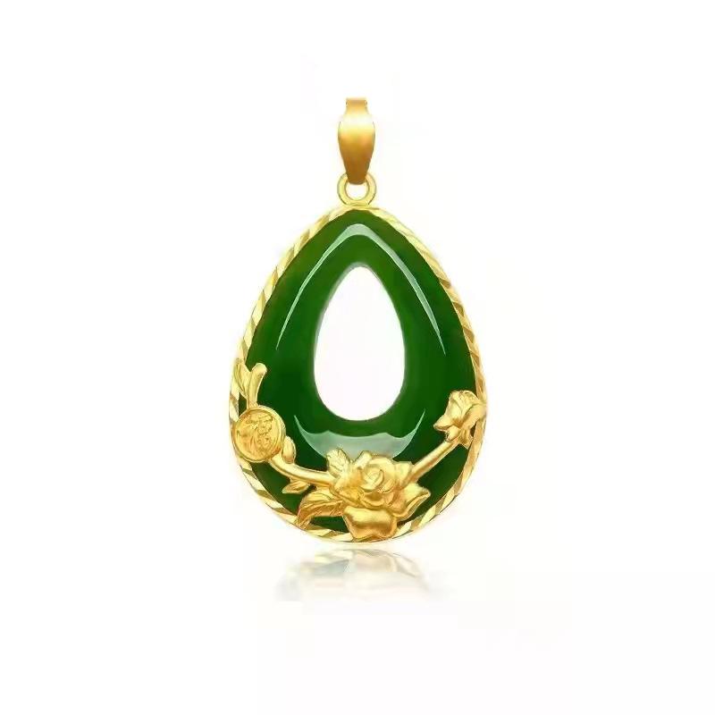 Gold-Plated Teardrop Jade Pendant & Peony Rose Necklace - Symbol of Wealth & Prosperity, Perfect Gift for Mom.