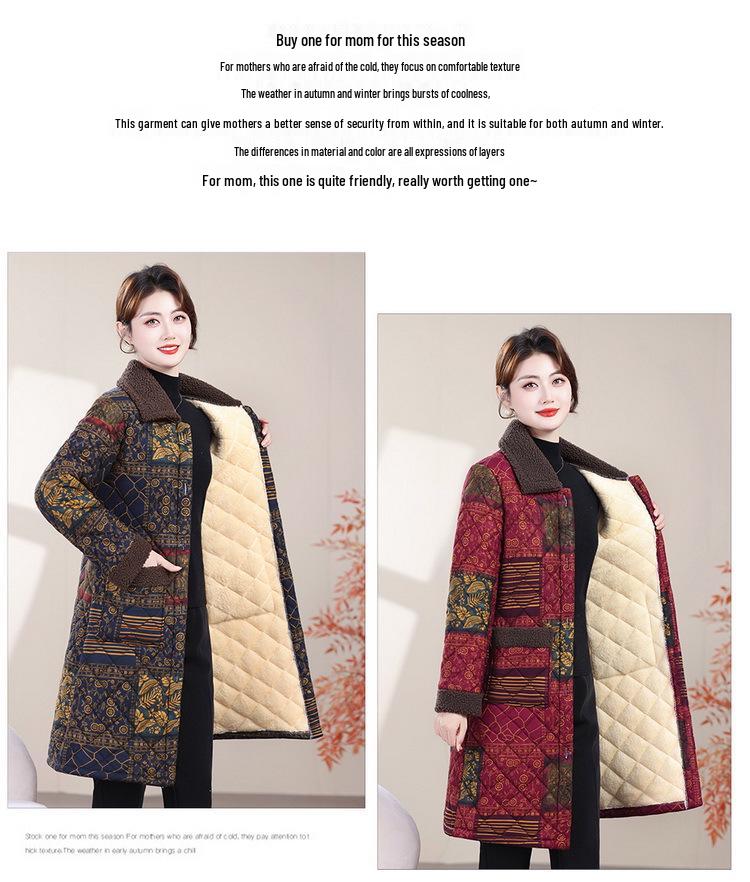 Mom's Thickened Mid-Length Winter Cotton Jacket with Fleece Lining, Plus Size, Warm Coat for Elderly Women