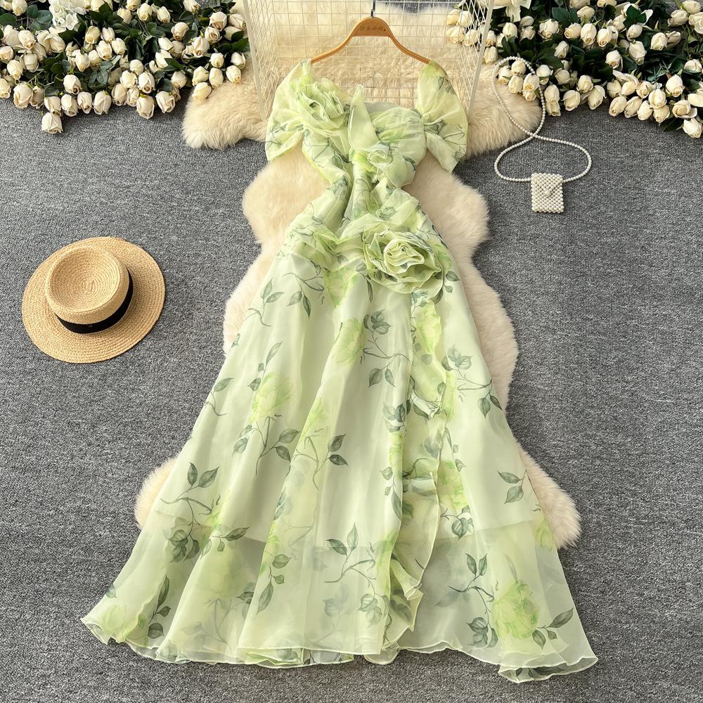 French temperament advanced sense three-dimensional flower waist ruffle edge mesh dress femininity elegant dress long dress