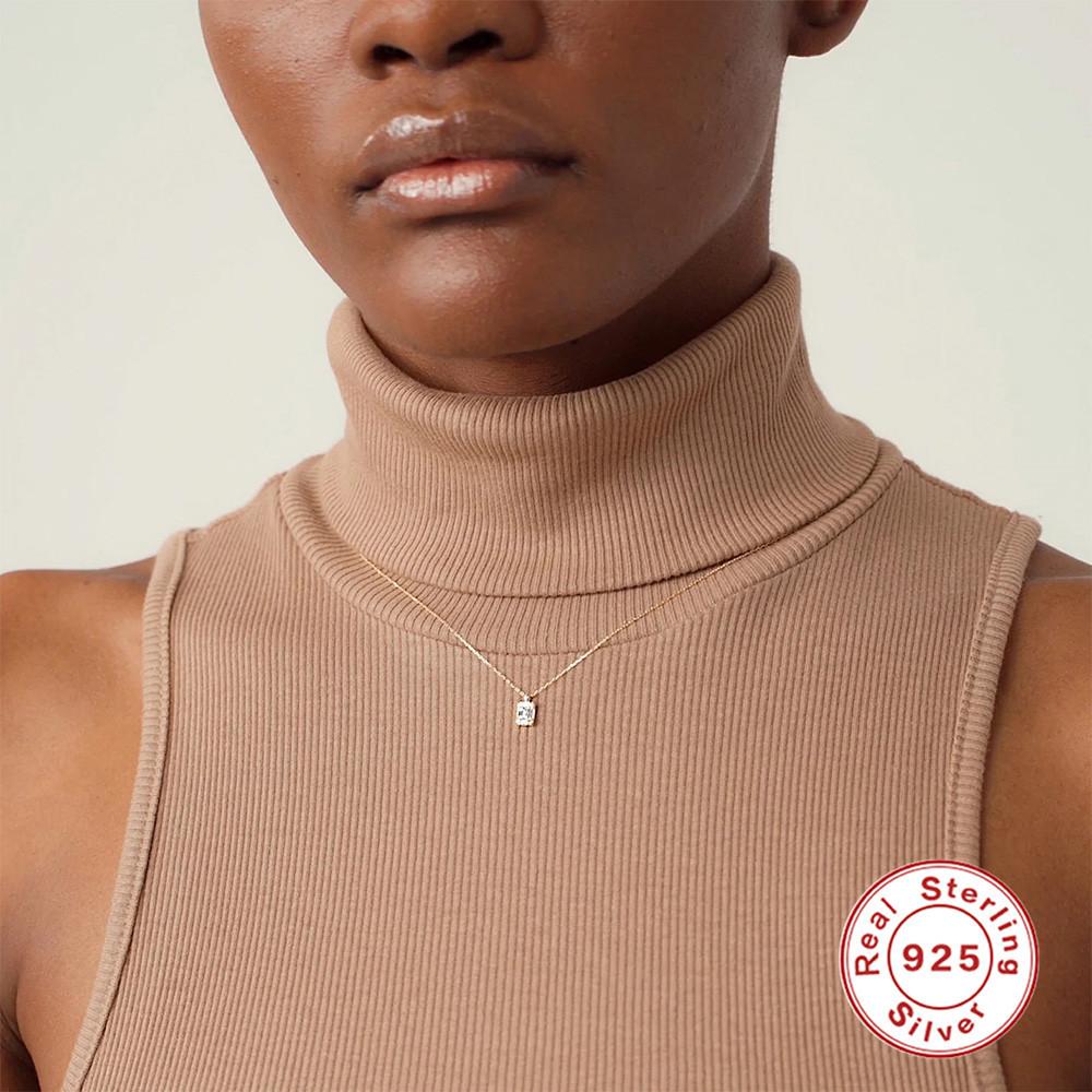 Stylish And Simple Ins Wind S925 Sterling Silver Square Tag With Diamonds Temperament Commuter Women'S Collarbone Necklace
